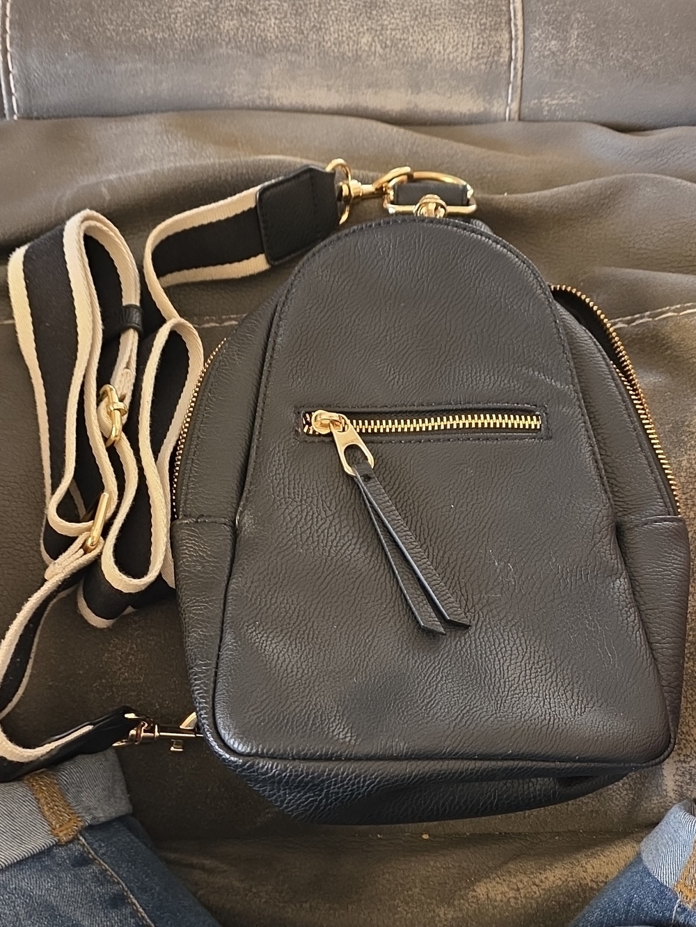 Universal ThreadBlack Mini Leather Backpack with Gold Hardware & Striped Strap